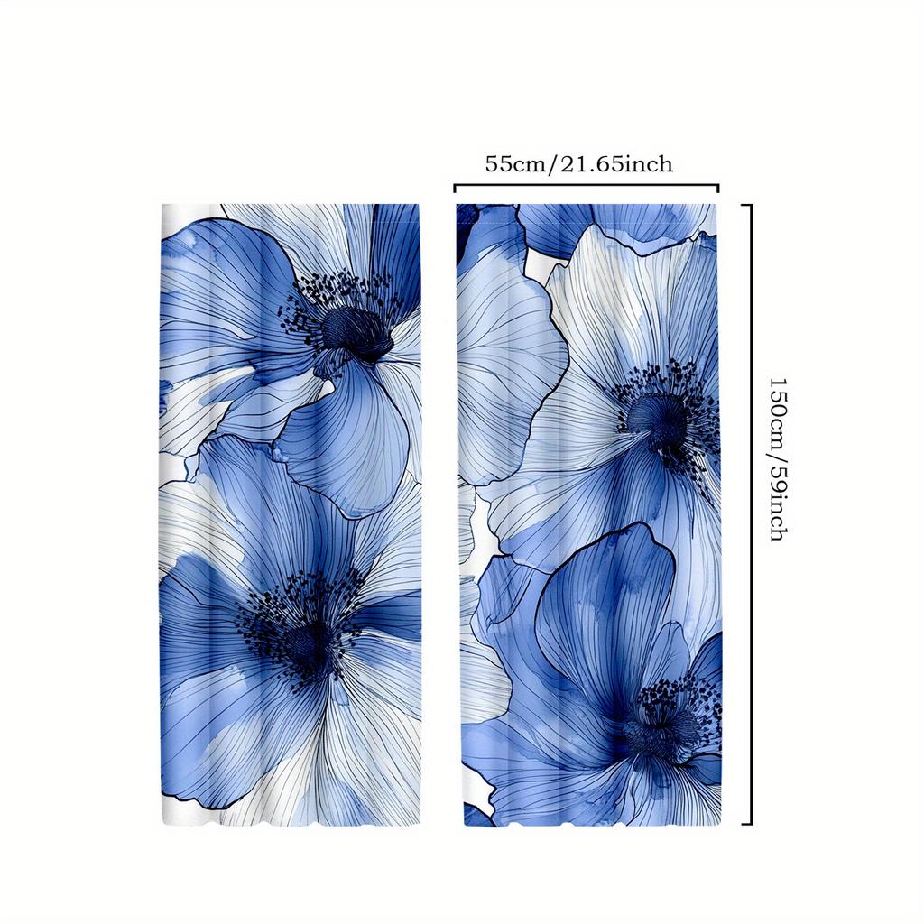 2pcs Blue and Silvery Watercolor Flower Curtains   Thermal Insulated Blackout Drapes