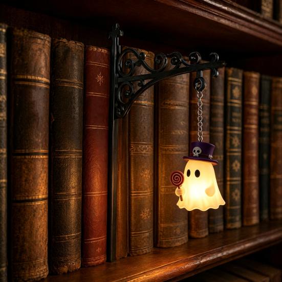 Reading Nook Accents Halloween Iron Library Lamp, Vintage Bookshelf Light with Ghost Pumpkin Bat Study Room Atmosphere Pendants, Nightlight,