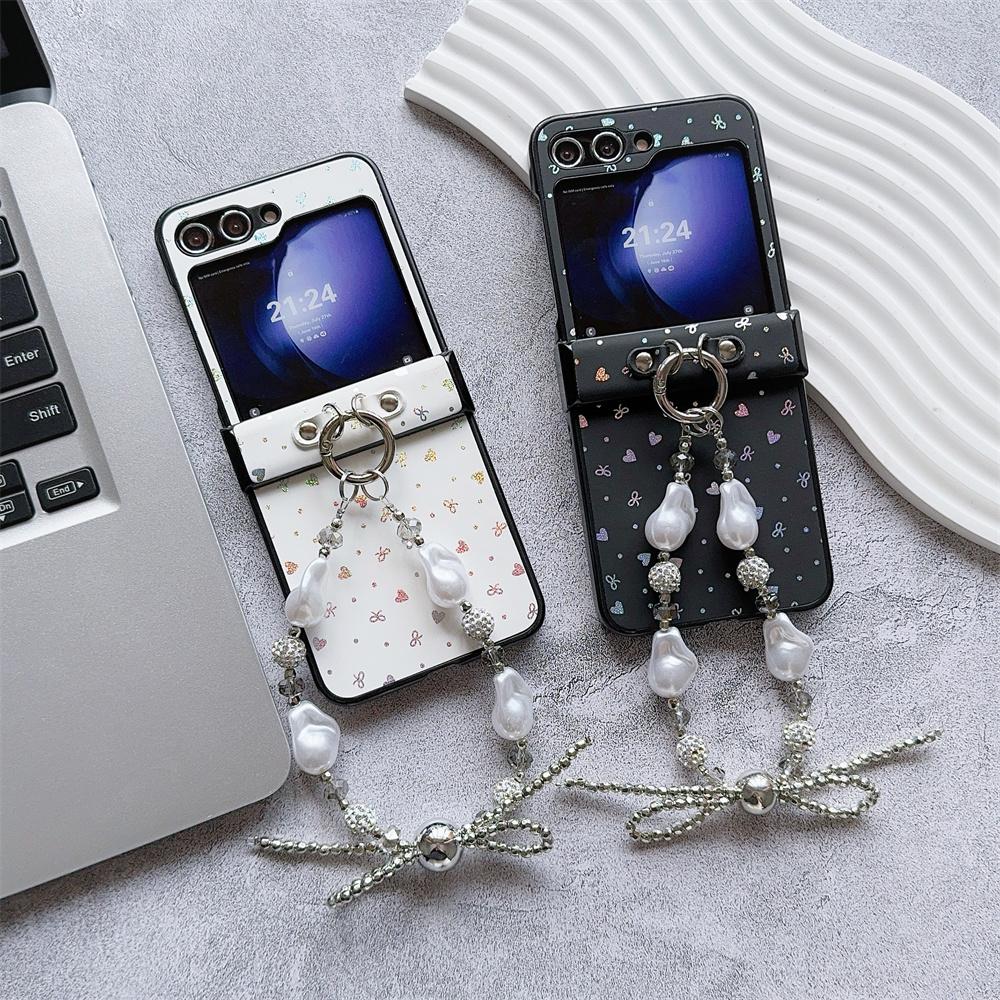 Cute Love Bowknot Phone Case with Wrist Strap For Samsung Galaxy Z Flip 6 5 4 3 Hard Plastic Hinge Protective PU Leather Cover