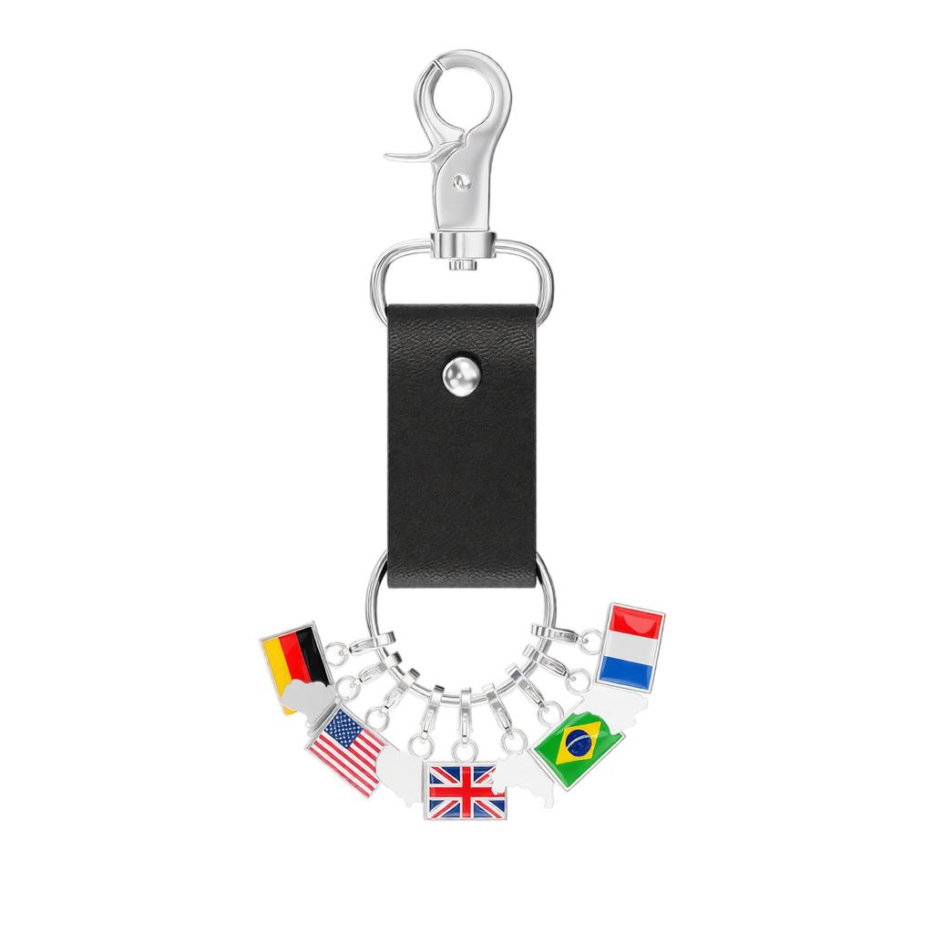 DIY World Travel Souvenir Keychain Leather Strap with Multiple Country Flag Charms Germany USA UK Brazil France Travel Accessory