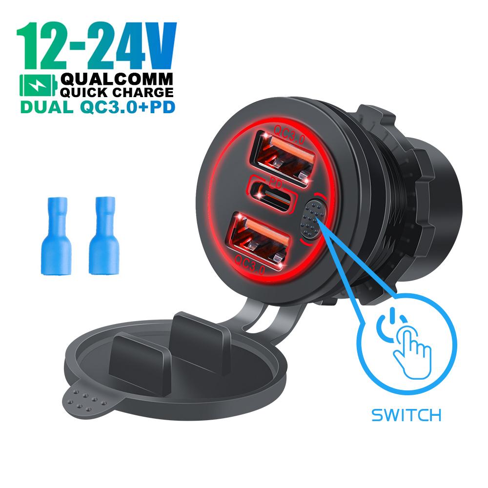 12V/24V Triple Ports 68W USB-C Multiple Car Charger Socket PD3.0 3USB QC3.0 Ports With Touch Switch Fast Car Adapter