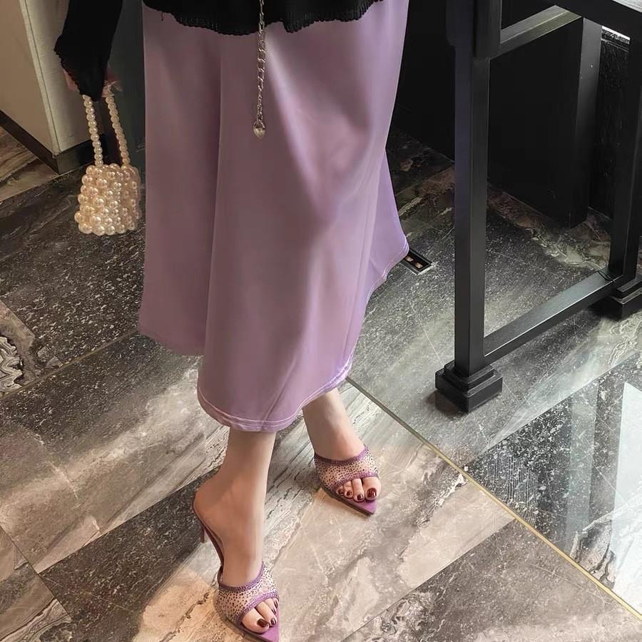 [Spot] Light luxury purple rhinestone mesh high-heeled tray, sexy one-pedal pointed-heeled mesh sandals