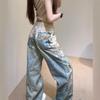 Blugi Lărgi cu Talie Înaltă pentru Femei Pantaloni Denim Baggy cu Imprimeu Dantelă și Perle Pantaloni Lungi Largi Casual pentru Ținute cu Estetică de Stradă
