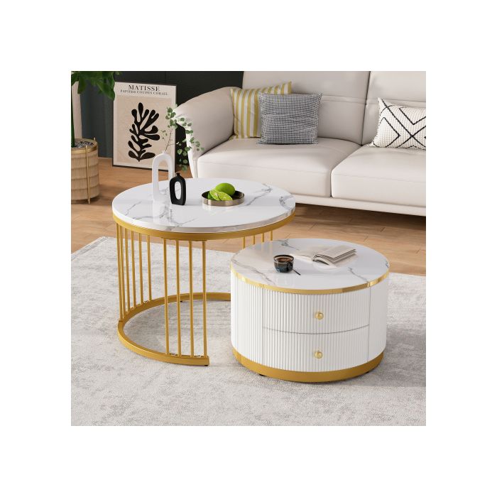 Table basse - MUVOE - Ensemble de 2 tables rondes - Blanc - Aspect marbre brillant - 2 tiroirs