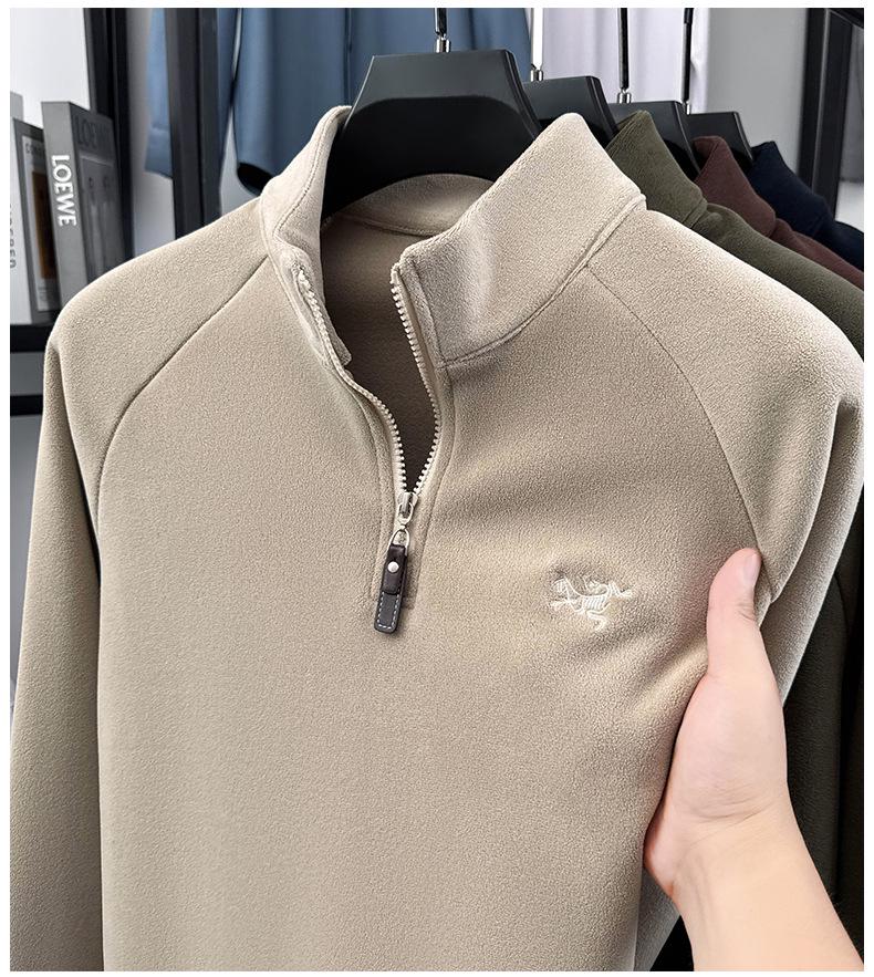 Men's Half-Zip Oatmeal Fleece Wool Hoodie, Autumn/Winter, Stand Collar, Fashionable & Versatile Long Sleeve