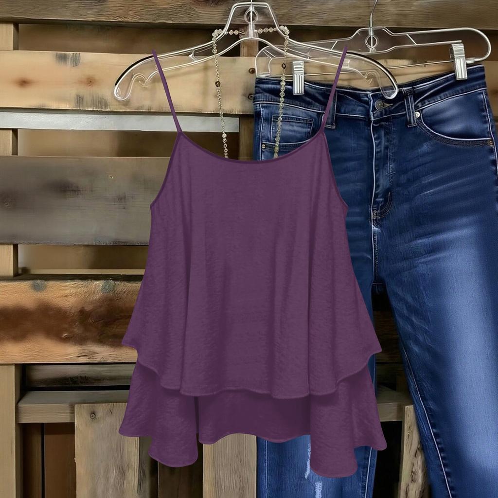 Women Sleeveless Double Layer Camisole Top Solid Color Strap Summer Casual Loose Fit Lightweight Blouse