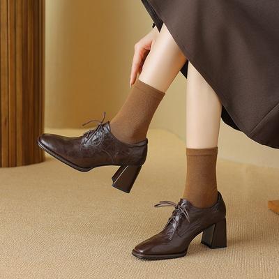 Fashion NEW Spring/Autumn Women Pumps Genuine Leather Shoes for Women Square Toe Chunky Heel Women Pumps Lace-up Shoes High Heel Shoes