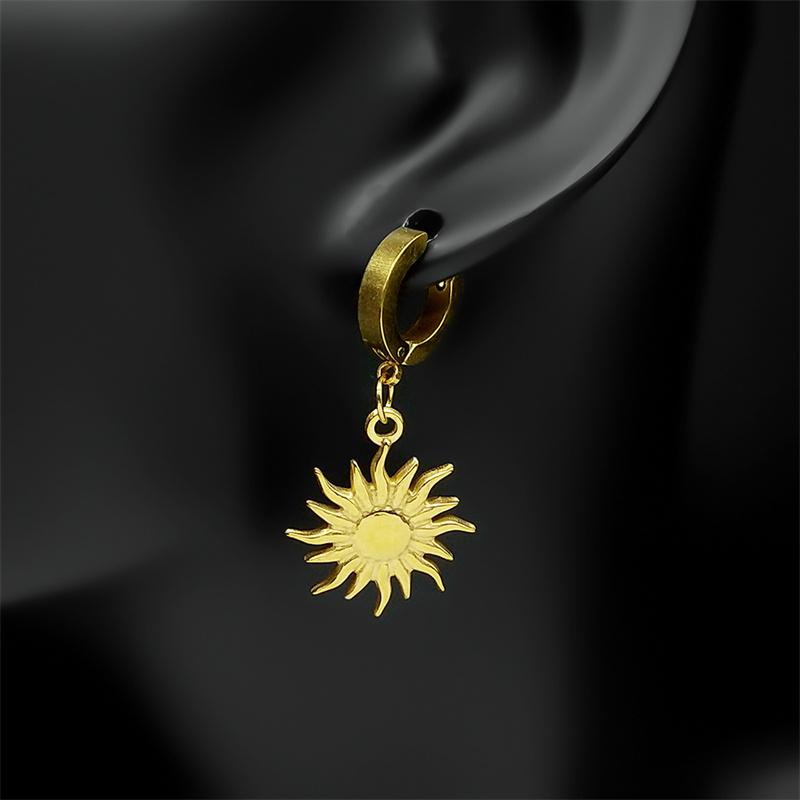 Vintage Sun Pendant Hoop Earrings Female Men Stainless Steel Gold Color Geometric Earring Hip Hop Ear Hoops Piercing Jewelry