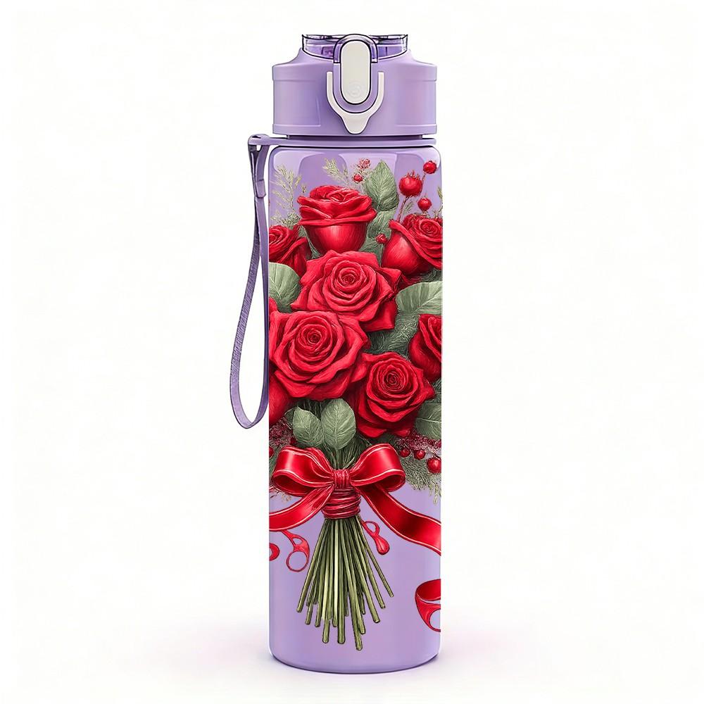1PC Red Rose Bouquet Floral Print 750ml Color Plastic Sports Water Bottle Leakproof Flip Straw Lid Suitable for Sports Office Home Use