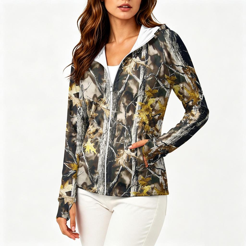 Chaqueta Ligera con Cremallera y Capucha para Mujer con Bolsillos de Manga Larga Estampada Protección Solar Ropa de Abrigo para Actividades al Aire Libre