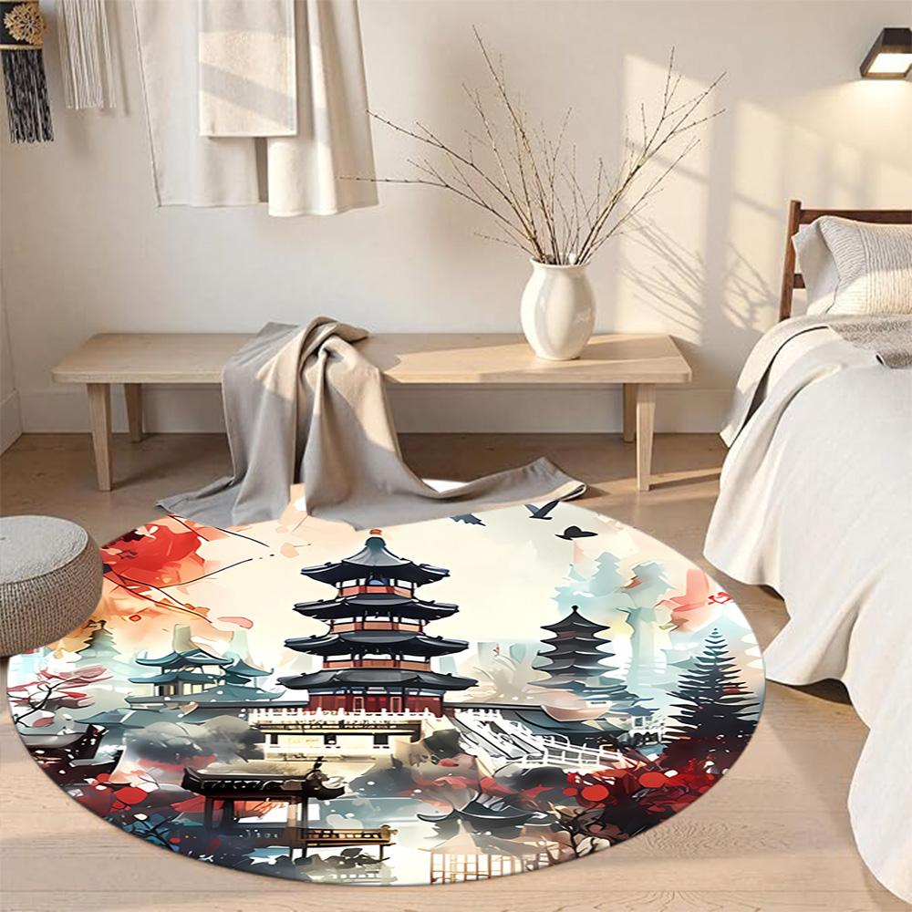 Chinese-style Architecture Round Carpet Perfect for Dormitory Foyer Balcony Living Rooms Anti-slip Round Rug Decorate Offices Best for Christmas