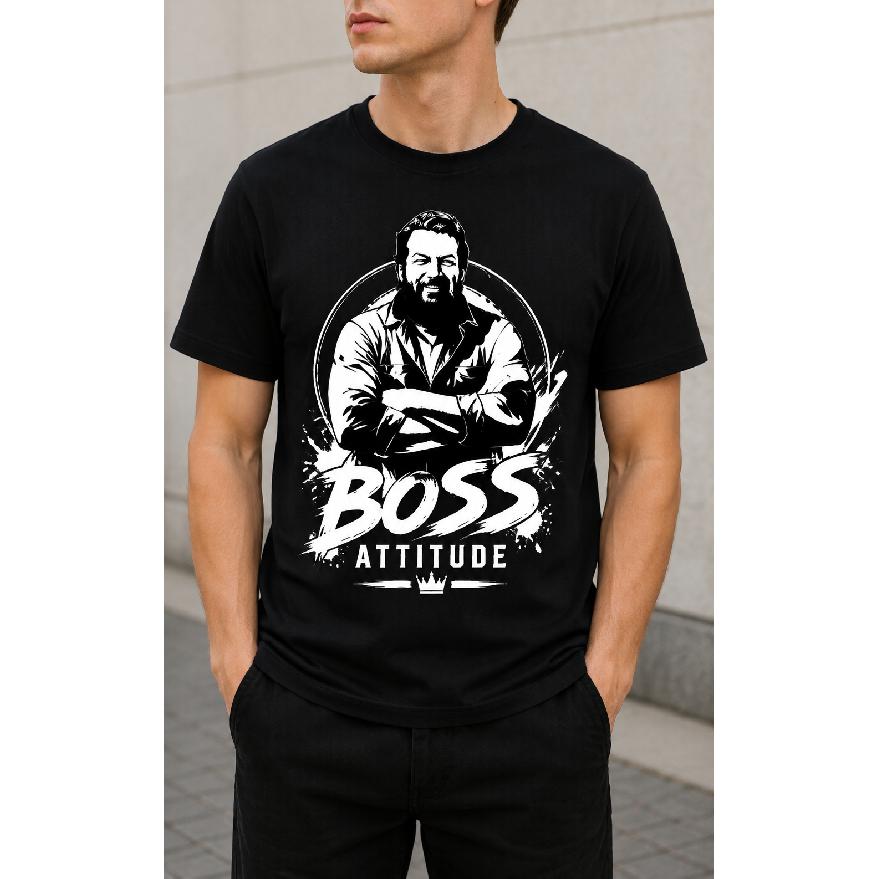 Men's black short-sleeve crewneck t-shirt with bold "Boss Attitude" graphic print, soft cotton feel, relaxed fit for casual daily wear or street
