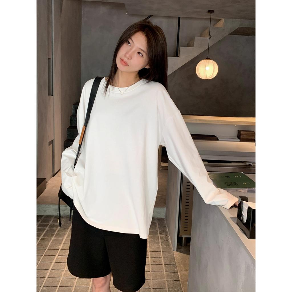 Baumwollimitat, neues Langarm-T-Shirt für Herbst und Winter, Damen locker einfarbig Rundhalsausschnitt, langlebig und vielseitig Damen