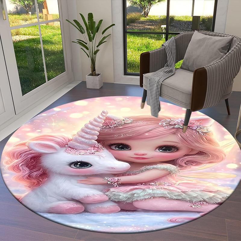 1PC Unicorn Fairy Non-Slip Floor Round Carpet, Office, Family, Bedroom, Large Area Rug Indoor Rugs,  Durable PolyesterH0391