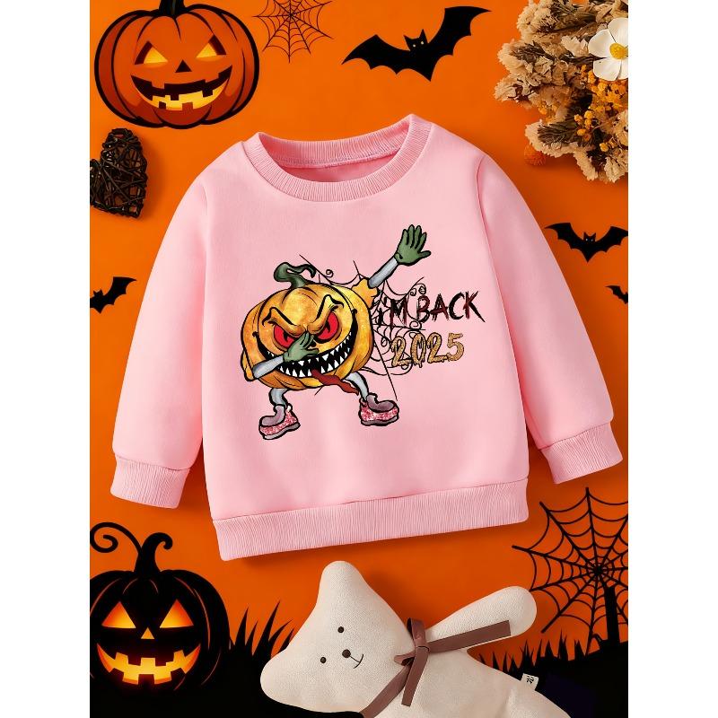 Kids Crewneck Sweatshirt, Halloween Cool Pumpkin Head with Trendy Gesture & I'M BACK 2025 Text Print