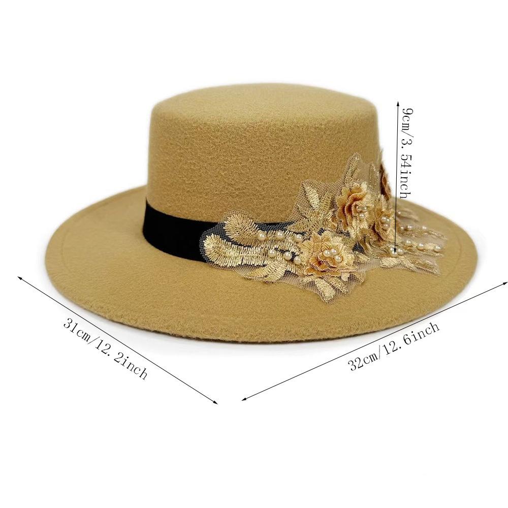 Winter Autumn Elegant Fedora Hat for Men Women Woolen Felt Hats with Embroidered Pearl Flower Wide Brimmed Top Jazz Hats