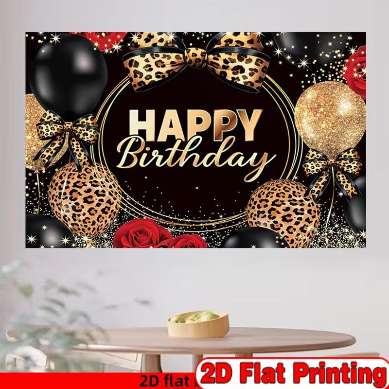 2D Leopard Print Happy Birthday Backdrop, Black Gold Balloon Party Decor