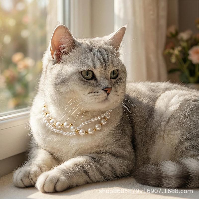 Cute cat and dog pet pearl collar decorations, adorable cat pearl necklace, cat doll necklace accessories