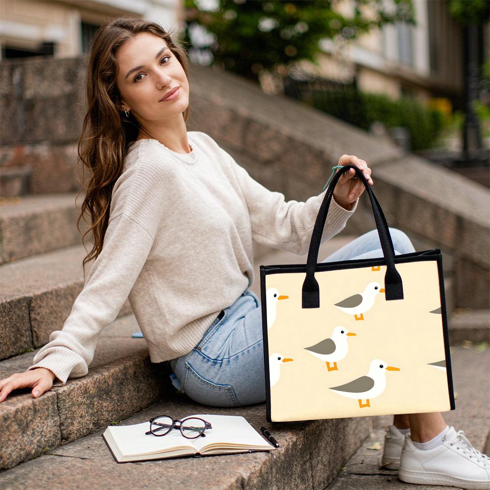 Cute Seagull Printed Canvas Tote Bag for Daily Shopping Commute
