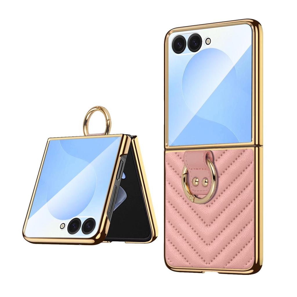 Electroplated Diamond Grid PU Leather Ring Holder Case for Samsung Z Flip7/6/5