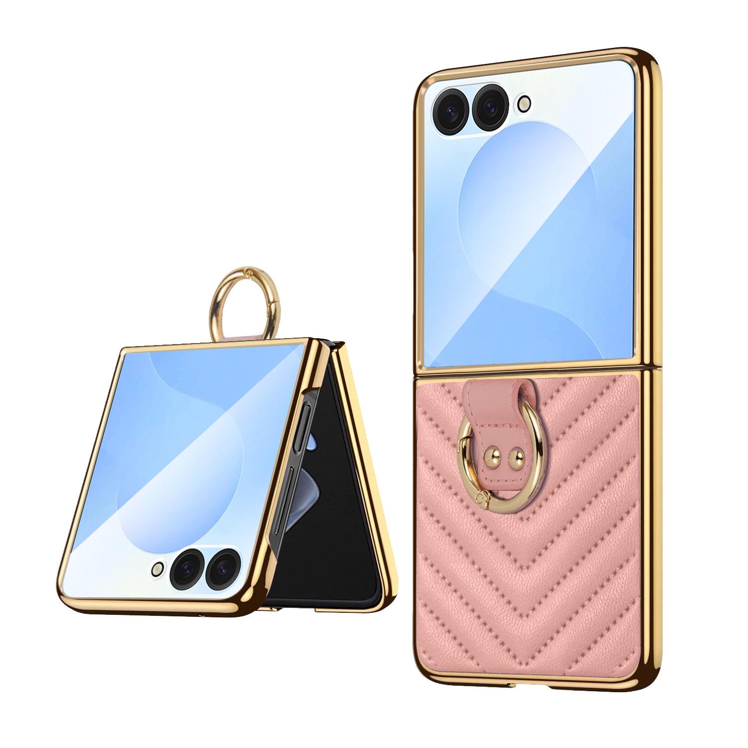 

Electroplated Diamond Grid PU Leather Ring Holder Case for Samsung Z Flip7/6/5 Z Flip7 рожевий