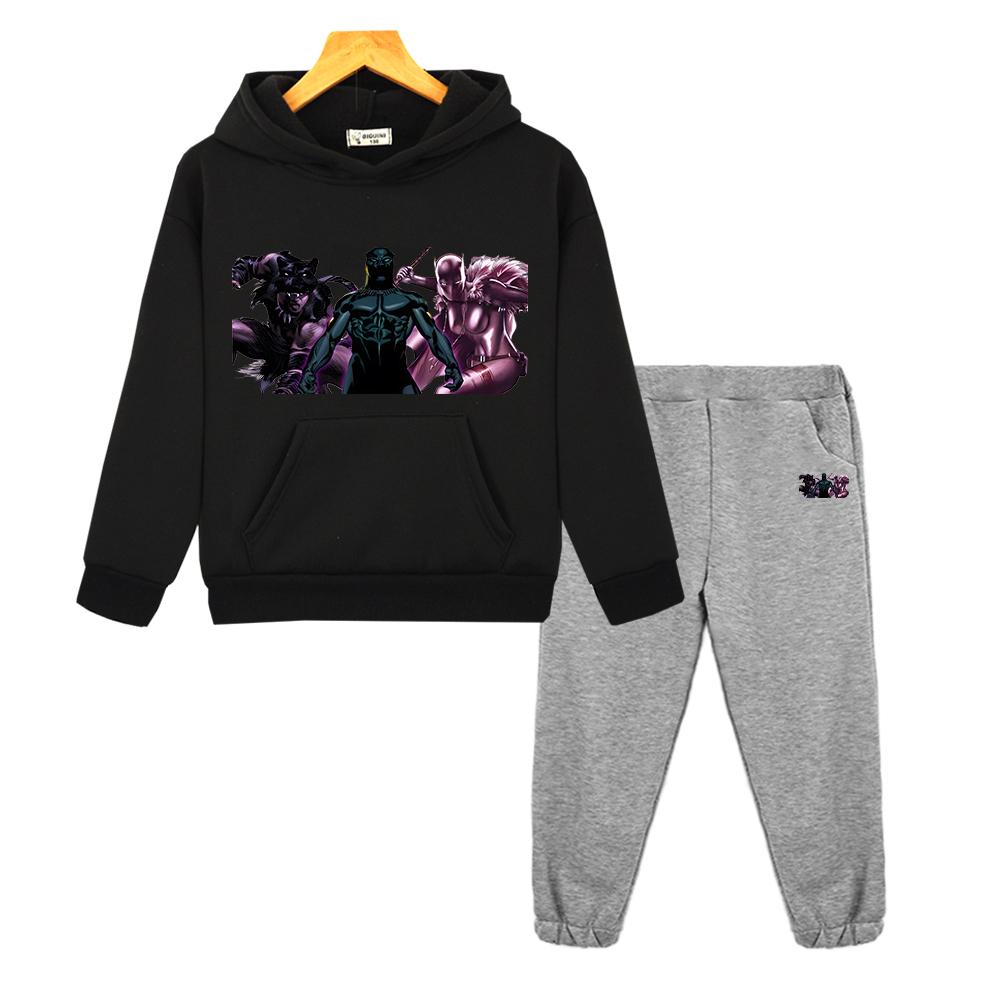 Autumn Black Panther Hoodie Fleece Sweatshirt Kawaii Jacket 2pcs pullover+Pant Boy Girls Hooded Spors Sets Kids Boutique Clothes