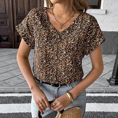 Cămașă cu imprimeu floral, decolteu în V, mânecă scurtă, stil vacanță și casual, îmbrăcăminte pentru femei