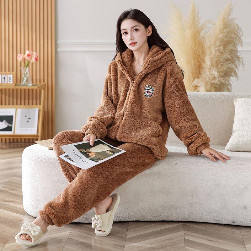Womens Coral Fleece Pajama Set With Hooded Top Long Pants Warm Thick Soft Lounge Wear Home Or Light Outdoor Use