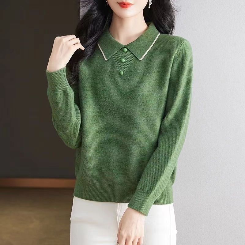 Autumn Winter Women's Sweater Polo Collar Knitted Top Large Loose Collar Pullover Stylish Bottom Shirt