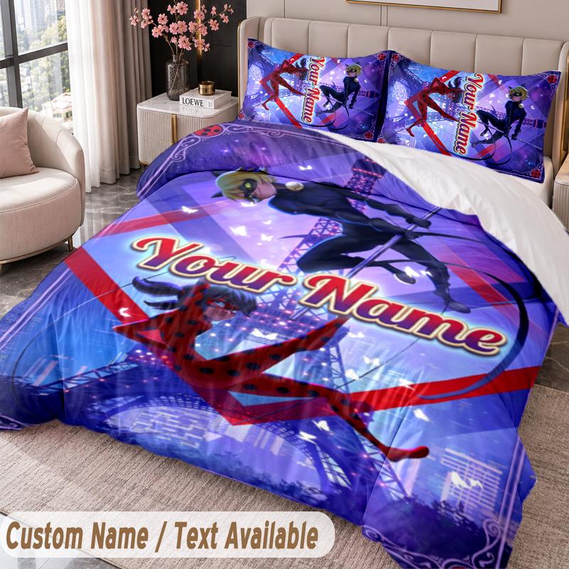 Custom Name Text 3Pcs Bedding Set Miraculous Ladybug Duvet Cover And Two Pillowcases