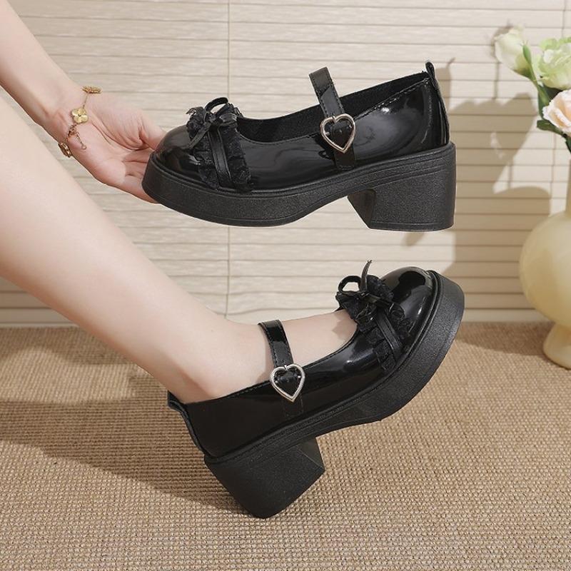 Fashion Ankle Buckle Chunky Heels Bow Women Japanese Style Patent Leather Mary Jane Shoes Woman Punk Thick Heels Single Lolita Shoes