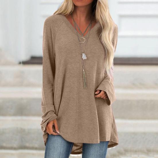 Taglie Forti Donna Tinta Unita Manica Lunga Scollo a V Pullover Largo Midi Camicetta Top
