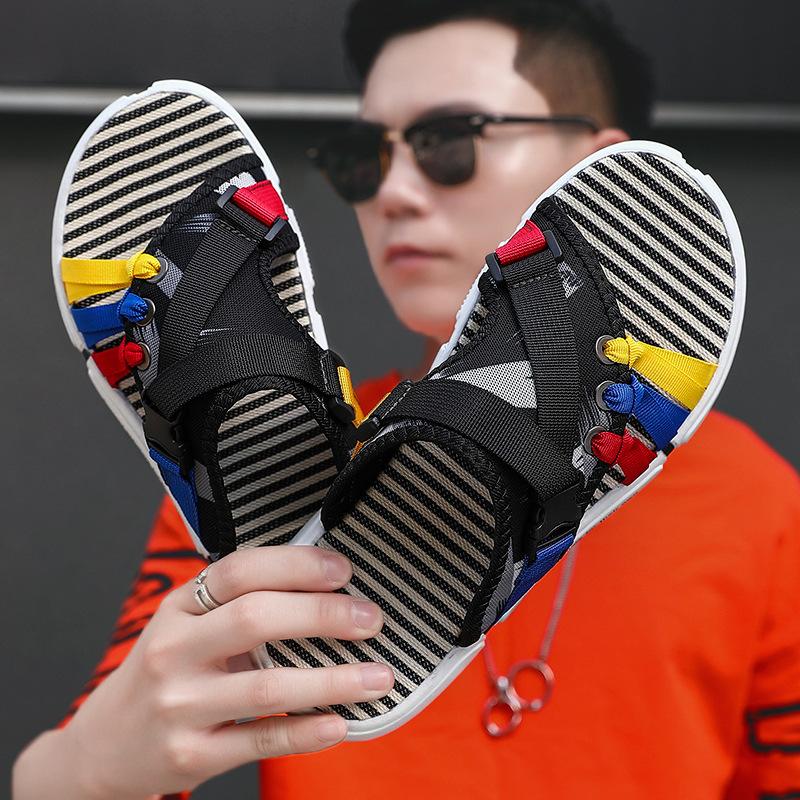 Ins Internet celebrity trend slippers one-word men leather sandals slippers shoes