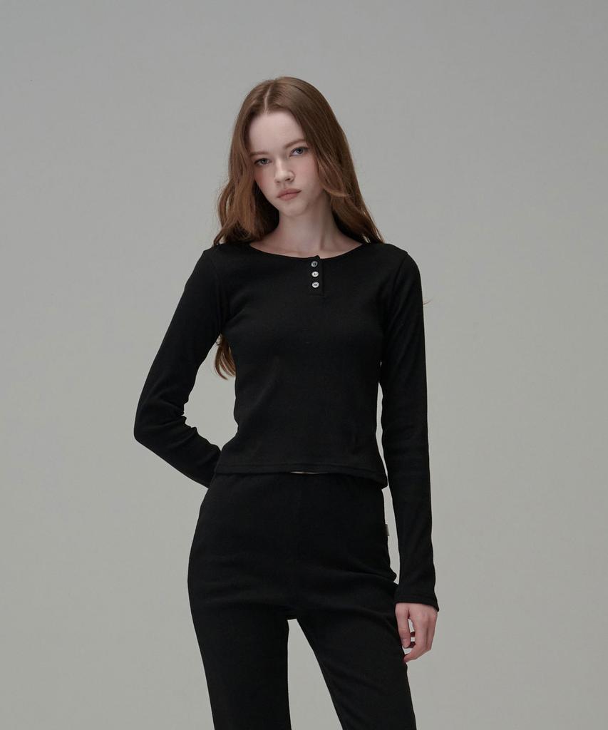 Une Cotton Henley-Neck Long Sleeve_Black