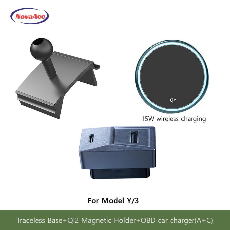 Auto Magnetischer Kabelloser Lade-Handyhalter Für Tesla Model Y Juniper Model 3 Highland 2021-2025 Transparente Basis OBD-Ladegerät