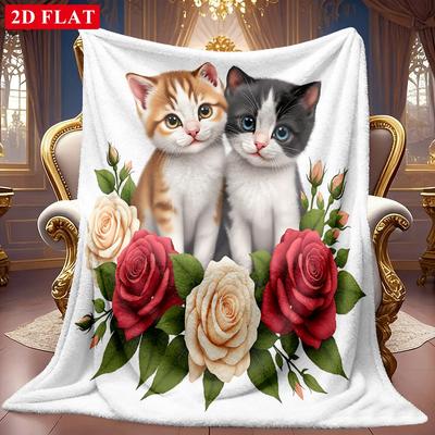 1pc 2D Two Cute Kittens And Rose Theme Pattern Flannel Blanket, Soft HD Digital Print, Cooling Blanket for All Seasons! Soft And Breathable 100% Polye