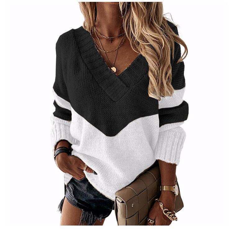 Pullovers Women Sweaters Long-sleeved Autumn Winters V Collar Loose Color Matching Sweaters Women Fashion OLN6057
