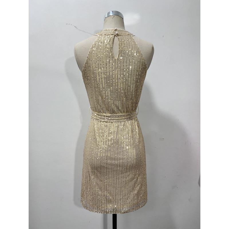 Women Sleeveless Halter Neck Sequin Bodycon Mini Evening Party Dress