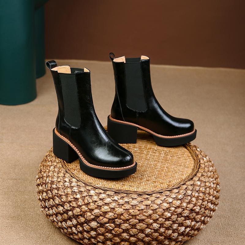Qirui shoes Thick-soled Chelsea boots, leather inside and outside, simple and elegant