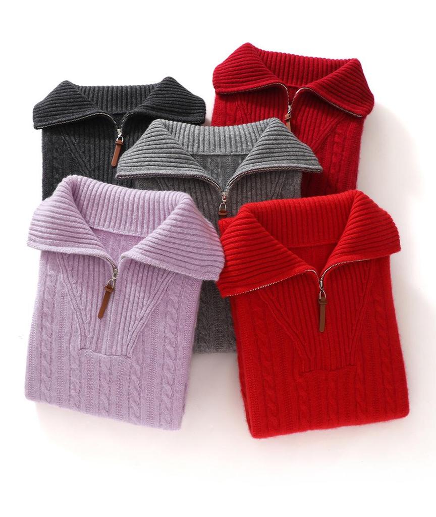 Women's Half-Zip Lapel Cable Knit Cashmere Sweater - Autumn/Winter 2026, Thick & Loose Fit.
