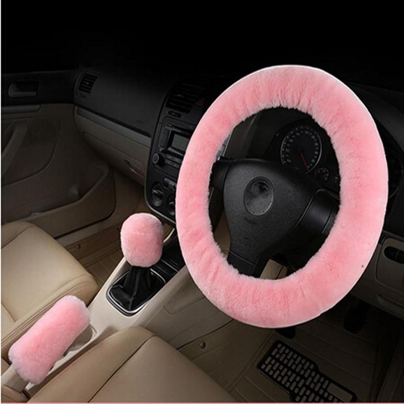 3Pcs/Set Universal Plush Car Steering Wheel Covers Winter Faux Fur Hand Brake & Gear Cover Set Car Interior Accessories 38cm