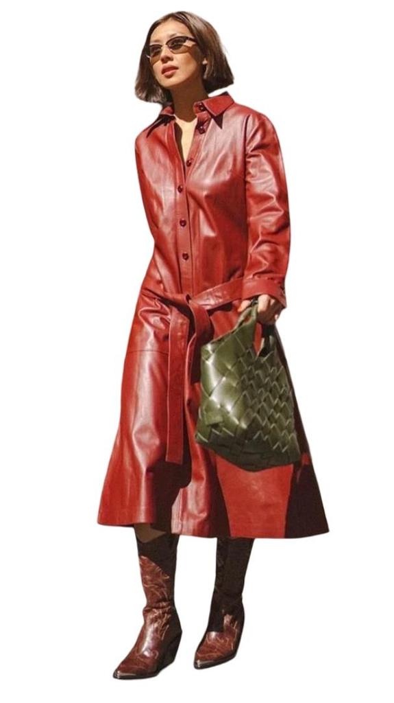 Red Party Wear  Lambskin Stylish Women Halloween Leather Long Designer Trench Coat