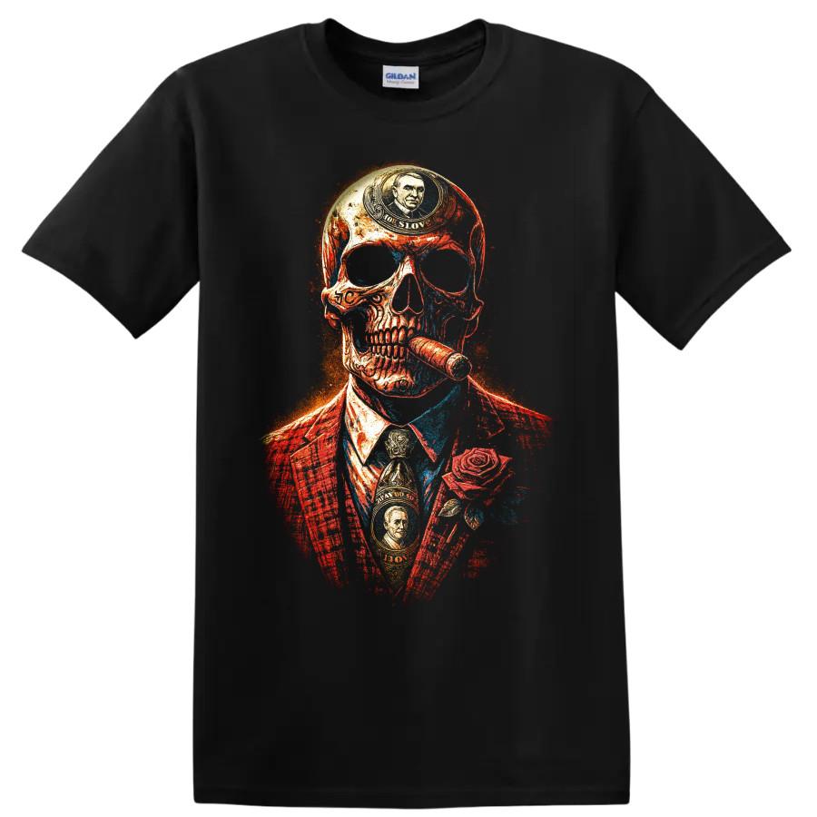 Skull Gangster T Shirt w/ Cigar Rose Money Suit Gothic Horror Graphic Art Tee