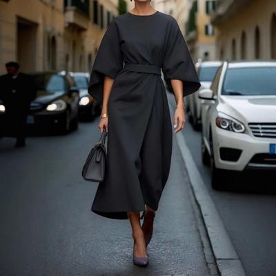 Yousheng Lady Midi Dress Three Quarter Dolman Sleeves Slim High Waist Solid Color Round Neck Long Dress Summer Spring Prom Party Dating Dress