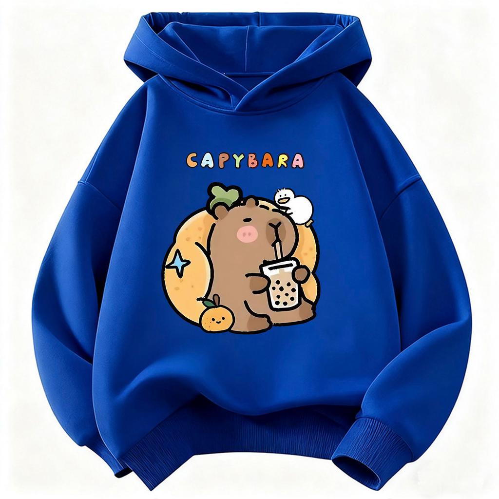 Felpa con cappuccio per bambini Capibara che beve succo Felpa carina Harajuku per ragazzi e ragazze Felpe casual primaverili
