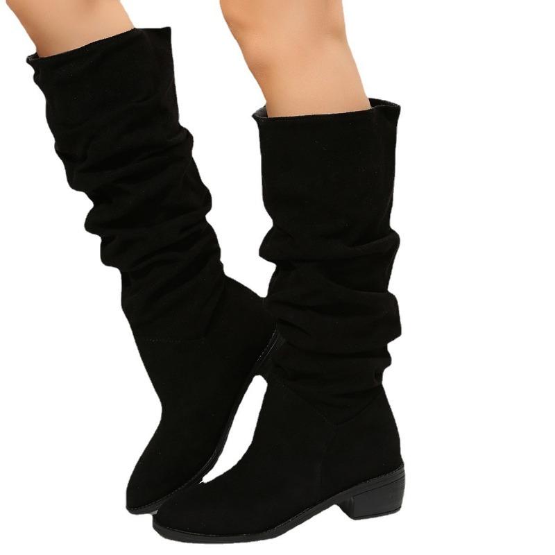 New Large Size Pleated Boots Women's Large Size Tall Martin Boots European and American Suede Thick Heel Pile
