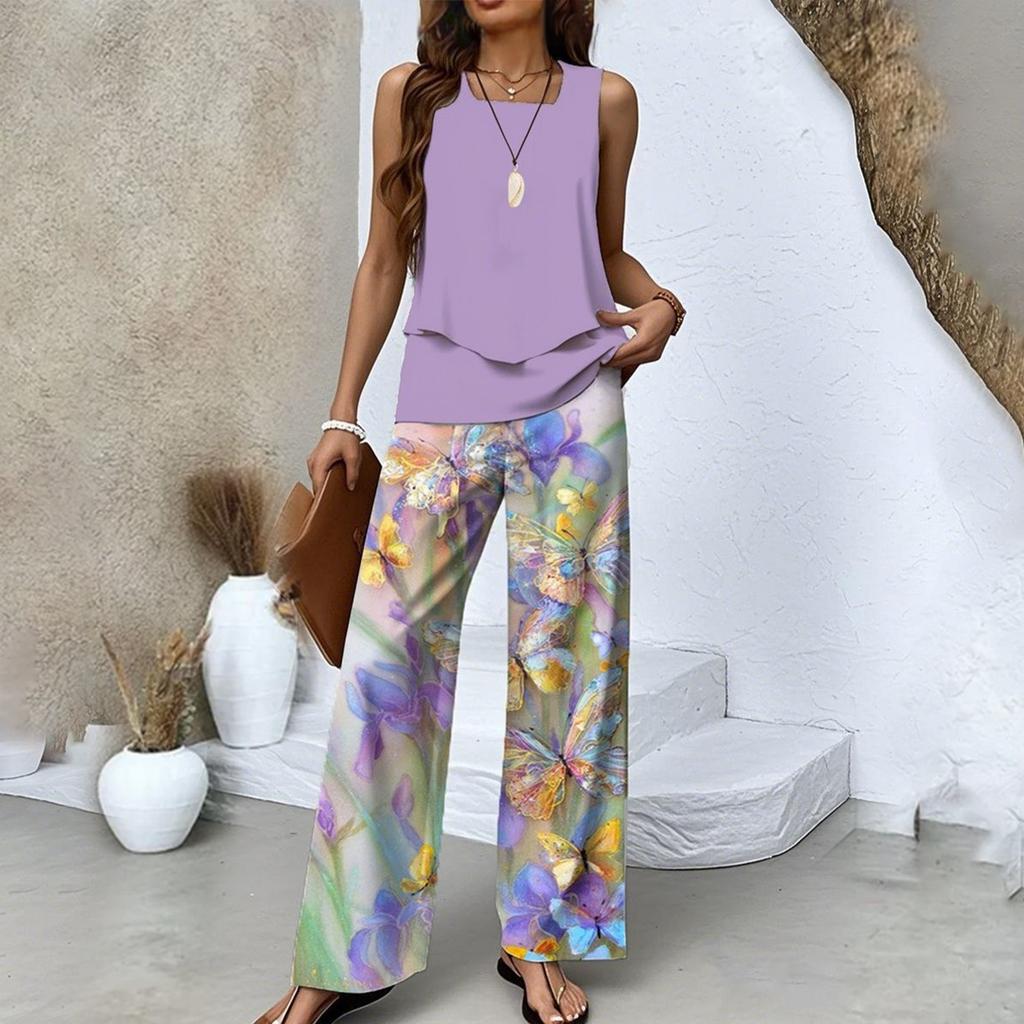 Dámský dvoudílný letní volný bez rukávů dvouvrstvý top vesta, ležérní kalhoty dovolenkový set