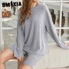 GMXIA Fashion Casual Sportswear Pajamas Women Spring and Autumn Models Solid Colour Long-sleeved Shorts Two-piece Homewear