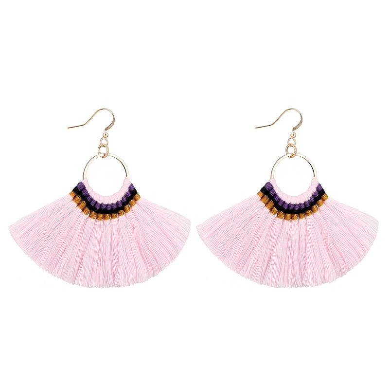 

LOVBEAFAS Bohemian Handmade Tassel Earrings For Women Vintage Long Drop Boho Earrings Cotton Rope Weave Fringe Sector Zircon світло-рожевий колір