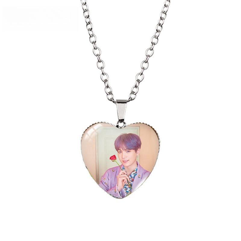 BTS Heart Pendant Necklace, Bangtan Boys Group Photo Pink Flower Field Photo Necklace, Kpop ARMY Fans Jewelry Gift